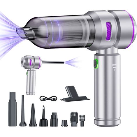 Aspirateur de voiture portable sans fil, batterie 6000 mAh, charge rapide USB-C, puissance d'aspiration de 16 000 Pa, silencieux (70 dB), format mini et portable avec plusieurs embouts, couleur argent (1/5)