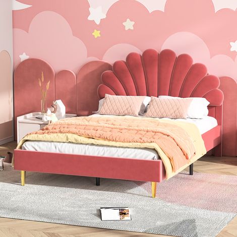 Lit double 140x200cm – tête de lit design pétale de fleur – Pieds métal doré – Sommier à lattes – style moderne – velours rouge (1/5)