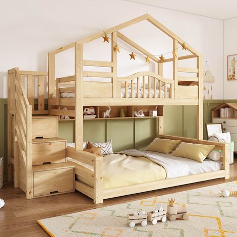 Lit superposé enfant cabane 90x200 et 40x200 cm escalier avec rangements, 3 étagères, enfant 2 places, certifié EN 747, Naturel (1/5)