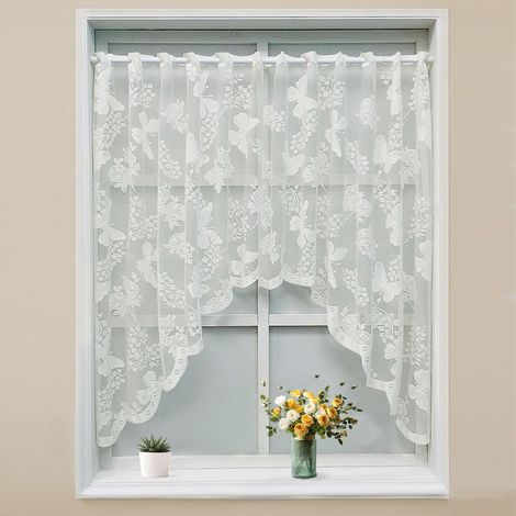 Voilage Blanc Court - Rideaux Papillons Brodés, Voilage Semi-Transparent, Dentelle, À Œillets, Polyester - 180x100cm - pour Porte/Fenêtre (1/4)