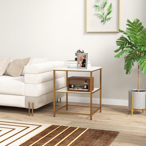 Table d'appoint. bout de canapé avec 2 étagères effet marbre et structure en métal doré. 44L x 40l x 54.5H cm