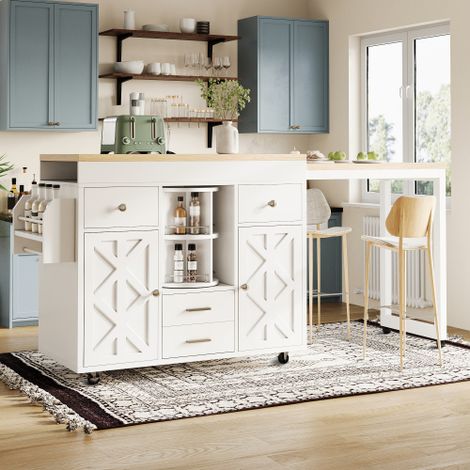 Îlot de cuisine extensible avec rangement, desserte de cuisine mobile avec roulettes, bar de cuisine avec plateau rabattable, étagères réglables et porte-serviettes, meuble multifonction blanc (1/5)