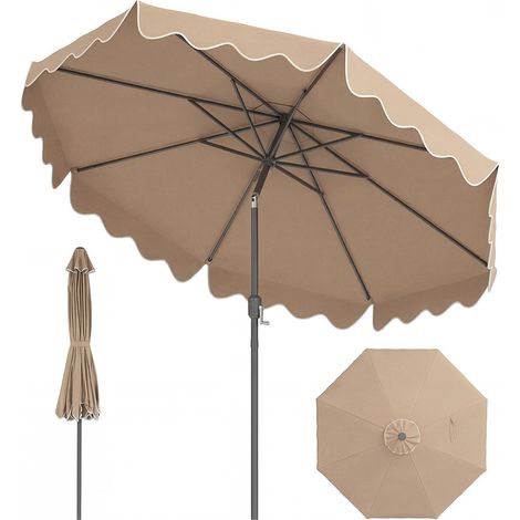 Parasol de Patio 270 cm avec Manivelle, Inclinaison par Bouton-Poussoir, Parasol de Marché à Double Toit avec Canopée Protectrice UV, 8 Côtes, Brun (1/5)