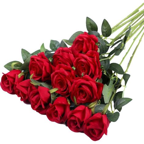 12 roses artificielles en velours, longues tiges, fleurs artificielles-Online Store (1/5)