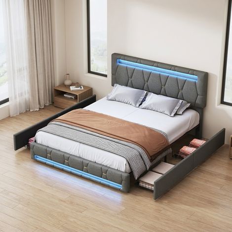 Lit 140x200 avec 4 tiroirs rangement, lit adulte capitonné, tête de lit réglable en hauteur, sommier à lattes, éclairage LED intelligent - Gris