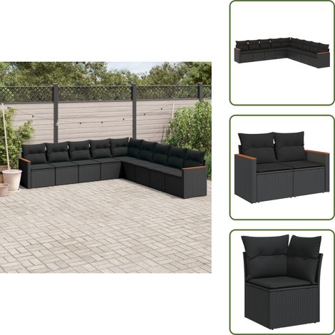 Salon de jardin 9 pcs avec coussins noir résine tressée - Ensemble Salon De Jardin - Mobilier Extérieur - Meubles De Jardin - Salon De Jardin Pliable - Chaise Longue (1/5)