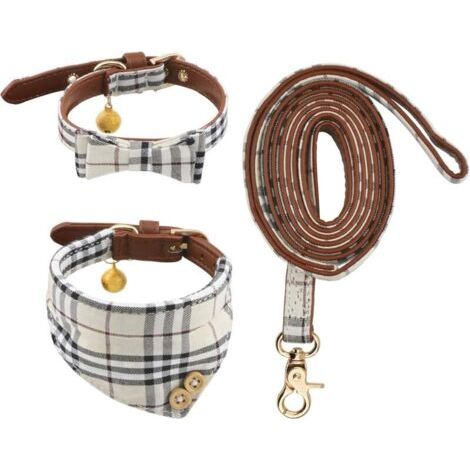 Ensemble collier et laisse pour chien, 3 pièces réglables Nœud papillon bandana avec clochette pour les promenades en plein air pour chats et chiots (1/5)