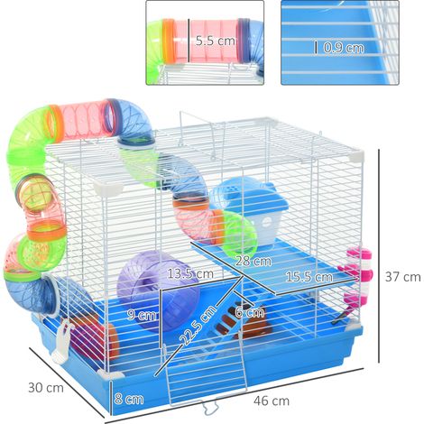 Cage pour hamster à deux niveaux (avec réservoir d'eau, bac, tube et roue pour hamster), 46 x 30 x 37 cm (1/5)