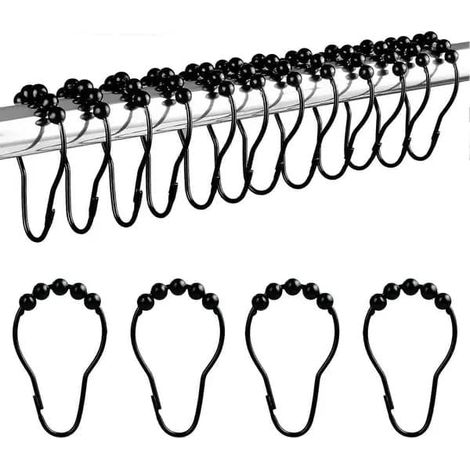 Anneaux de rideau de douche en acier inoxydable chromé avec roulements à billes, noirs, lot de 12, compatibles avec les tringles jusqu'à 2,8 cm de diamètre. (1/5)