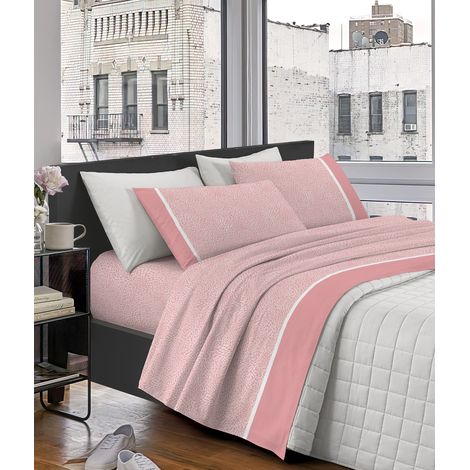 Completo Letto Lenzuola Matrimoniale Elegante,100% Cotone, Set Letto Due Piazze,Tinta Unita Lenzuolo sopra, sotto e Federe Con Bordo Applicato Soft Touch Misure Maxi Rosa
