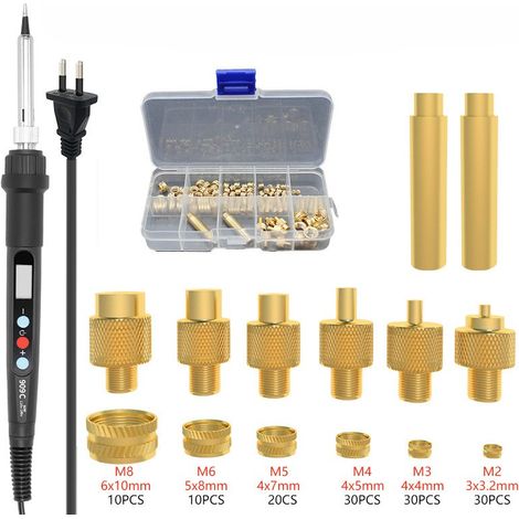 Kit de fer à souder, pointes de soudure, jeu d'inserts filetés, affichage LED, température réglable, pointes de fer à souder universelles pour inserts filetés, écrous de fusion M2 M3 M4 M5 M6 M8, acce (1/4)