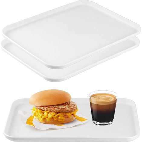 Juego de 2 bandejas rectangulares de plástico antideslizantes de color blanco - Bandeja de cocina, bandeja de desayuno, bandeja de café - 31 x 22 x 1,5 cm (1/5)