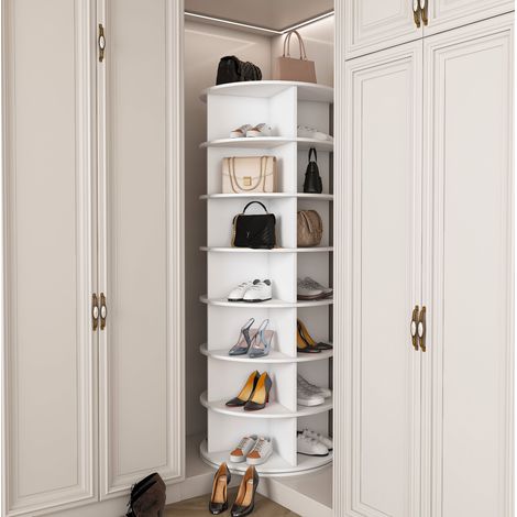 Drehbares Schuhregal (60x60x161 cm), 7 Ebenen, für bis zu 28 Paar Schuhe, PVC, Weiß