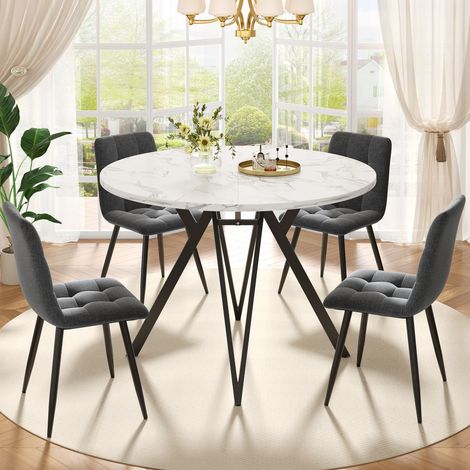 Conjunto de comedor 5 piezas MDF efecto mármol negro y gris, mesa redonda 100x100x76 cm con 4 sillas de lino (1/5)