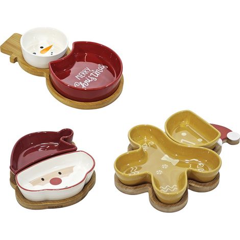 Set 3 Antipastiere 2 Scomparti Natalizie Ceramica e Bamboo Tris Vassoi Aperitivo Babbo Natale biscotto omino pan di zenzero pupazzo di neve  Idea Regalo natalizio Design e Qualità (1/5)