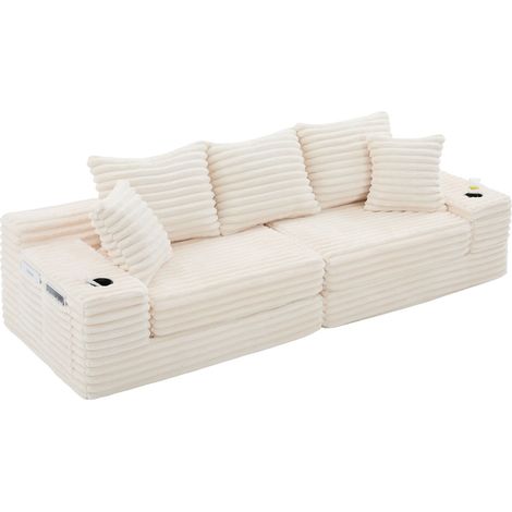 Sofá cama de pana beige con respaldo alto, cojines extra, bolsillos laterales y portavasos (1/5)