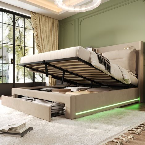 Letto con contenitore velluto beige 140x190 cm con LED laterali, cassetto 2 in 1 e rete a doghe