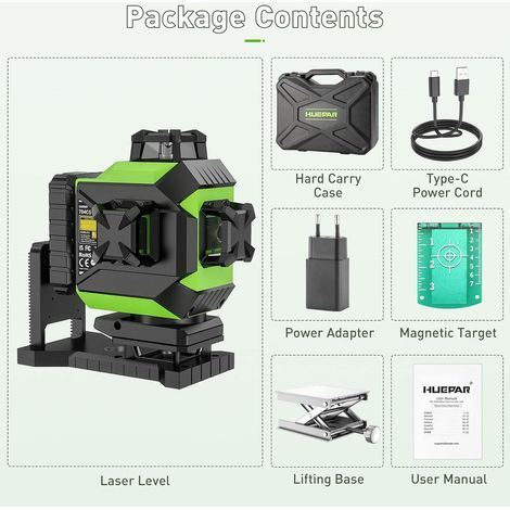 Huepar – Niveau laser 4D vert auto-nivelant 16 lignes – 2 plans horizontaux et verticaux – Batterie Li-ion 6600mAh – Support magnétique intégré – Étui de transport rigide