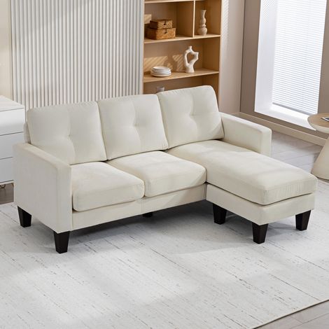 Sofá Chaise Longue Reversible con Estructura de Acero Tapizado en Chenilla 186x130x84cm Crema (1/5)