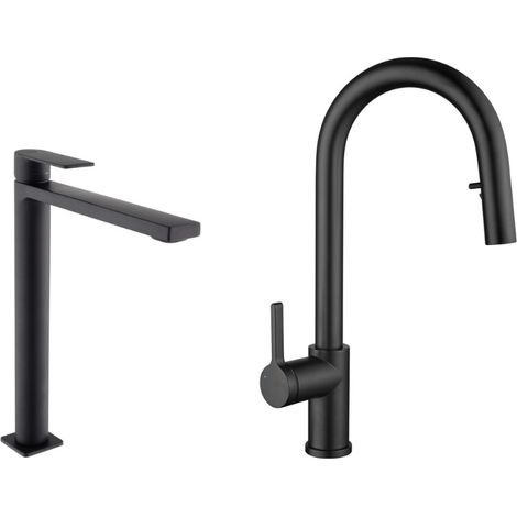 B-Way Set grifo monomando XL para lavabo + grifo monomando de cocina Ceramia Timeless de acero inoxidable, ducha extraíble, negr (1/5)
