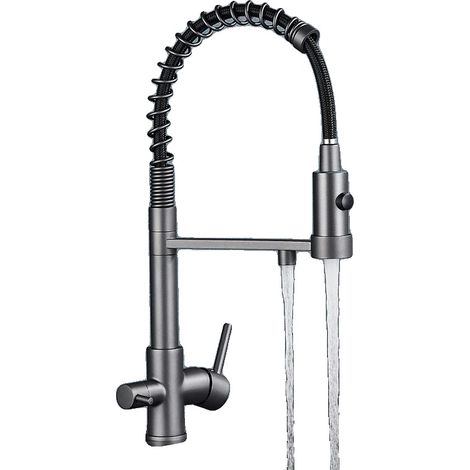 Grifo de cocina con filtro, doble manija, caño flexible, color gris plomo. (1/2)