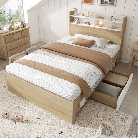 Lit adulte rangement 90x200 bois blanc et chene niches OKMYHOME (1/5)