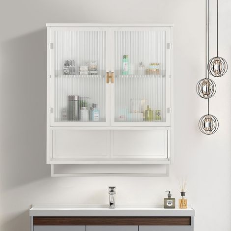 Armoire murale salle de bain-Portes verre-Rangement 2 niveaux-Étagère-Porte-serviettes-60x23x78(cm) (1/5)