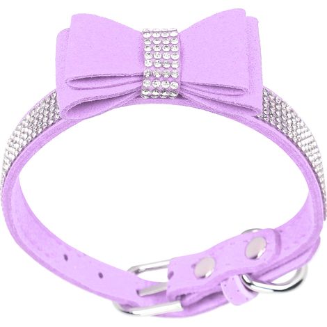 1 collier pour chat, suédine microfibre, violet clair, double nœud papillon, strass et cristaux, 50 x 2,5 cm (1/5)
