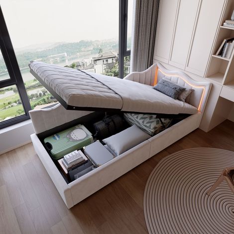 Sofá Cama Infantil 90x200 cm con Almacenamiento, Cama Infantil con LED Integrada, Cama Tipo Banqueta de Terciopelo Diseño Ola con Somier de Láminas, para Habitación Infantil o Adolescente
