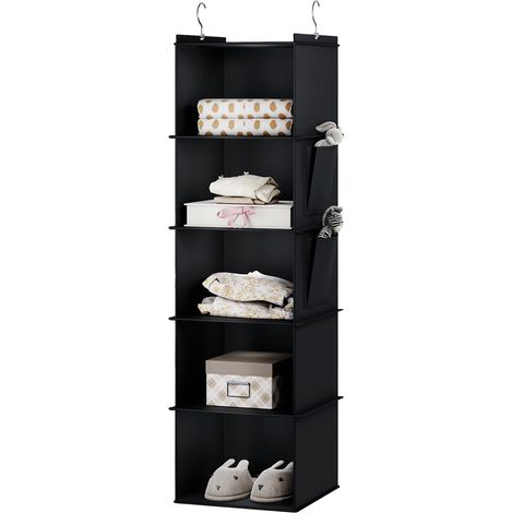 Étagère Suspendue en Tissu 5 Compartiments - Rangement Vêtements Pliable avec Armature Bambou Noir - Organisateur Dressing Espace Optimisé (1/5)