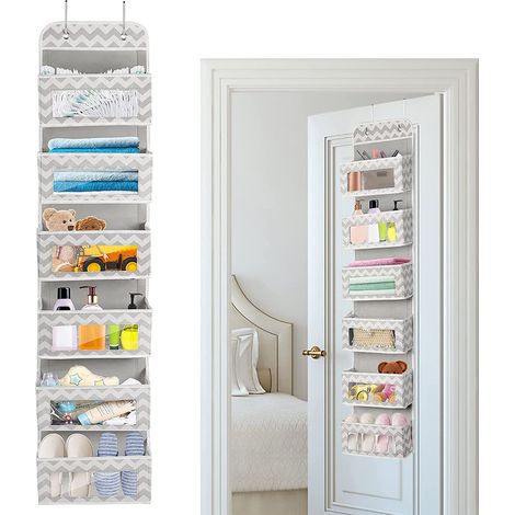 Organiseur suspendu avec 6 poches transparentes - Rangement suspendu avec 2 crochets - Organiseur d'armoire - Système de rangement pour porte, salle de bain, chambre d'enfant, salon, chambre à coucher (1/5)