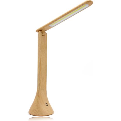 Fishtec – Lampe de bureau LED tactile inclinable – Alimentation USB ou piles – 3 niveaux d'intensité lumineuse – Finition bois clair