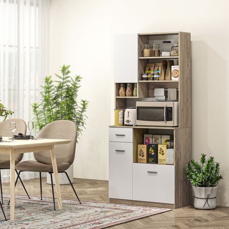 Mobile da cucina alto, moderno contenitore con ripiani regolabili, cassetto, bianco e effetto legno