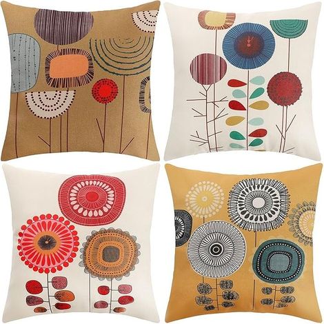 Housse de Coussin, Housse Coussin 45x45 Taie d'oreiller Lot de 4 Housses Coussin Decoratif Fleurs La Vie Marine Plante Tropicale Schéma pour Canapé Chaise de Salon (Floral-Coton Lin) (1/4)