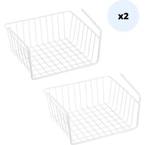 MSV Lot de 2 paniers de rangement sous étagère 30x25,5x14cm en Acier Blanc Mat (1/2)