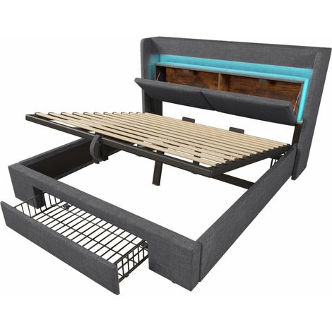 Cama con arcón tapizada 180x200 cm gris en lino con cabecero LED USB y USB-C (1/5)
