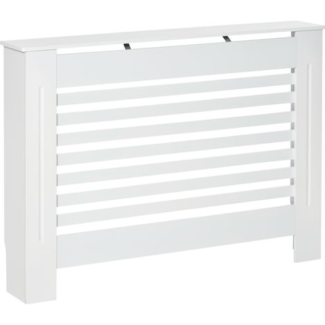 Cache radiateur blanc MDF à lattes meuble design 112x19x81 cm, voilage radiateur style scandinave