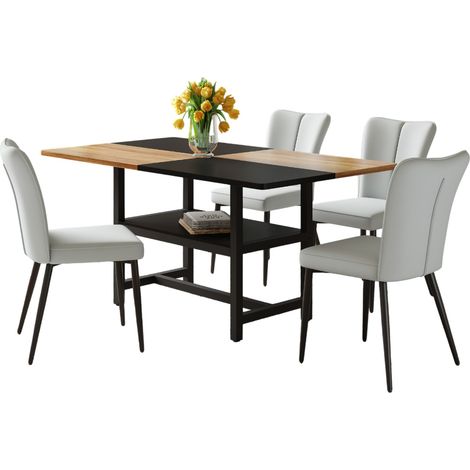 Ensemble table à manger rectangulaire 160 cm avec rangement intégré, 4 chaises de salle à manger en cuir régénéré gris clair et pieds métal noir - CHICFURN (1/5)