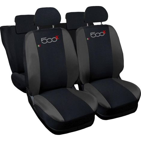 Lupex shop - Coprisedili Auto Compatibili per 500X, Made In Italy, set di copri sedili anteriori e posteriori con copri poggiatesta incluso, tessuto poliestere, Nero - Grigio Scuro
