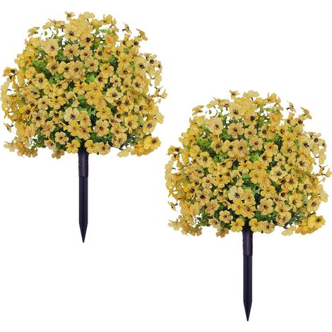 Lot de 2 boules de buis artificielles avec fleurs colorées, piquets de sol, résistantes aux UV, pour jardin, cour, patio, Jaune (1/5)