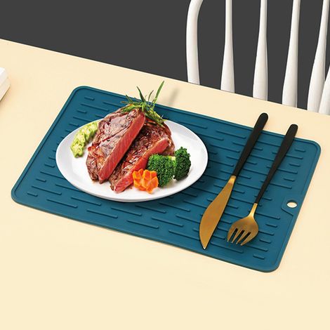 Tapis égouttoir à vaisselle multi-usages en TPR antidérapant et résistant à la chaleur, bleu foncé, pour plan de travail et table de cuisine. (1/5)