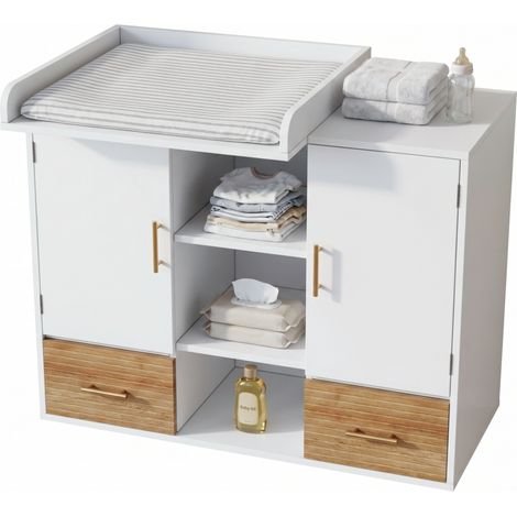 CHICFURN Commode à langer bébé avec table à langer amovible, grand rangement avec étagères, 2 tiroirs et portes, design blanc aspect bois clair, 114 x 53 x 92 cm (1/5)