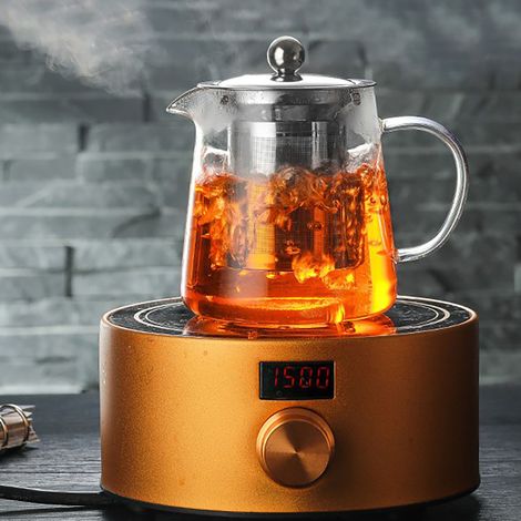 Dicke, hitzebeständige Teekanne aus Borosilikatglas mit 1300 ml Fassungsvermögen, mit Wasser- und Teetrenner, transparent und einfach zu bedienen. (1/5)