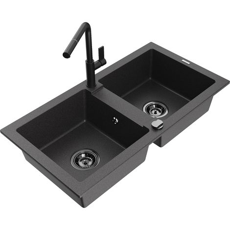 Mexen Mario 2-Becken-Granitspüle mit Mischbatterie Flora, Schwarz gesprenkelt - 6504-76-670401-70-B