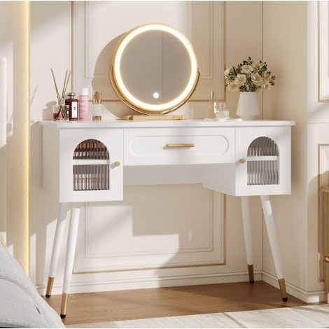Tocador LED con espejo, 1 cajón y 2 puertas, 100 x 42 x 112 cm, blanco y dorado OKMYHOME (1/5)