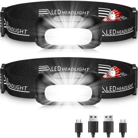 Lampe Frontale, [Lot de 2] Lampe LED Frontale Ultra Puissante Rechargeable avec 3 Modes, Lumière Blanche et & Étanche IPX4, 60° Réglable Lampe Torche Frontale Running pour Adultes/E (1/4)