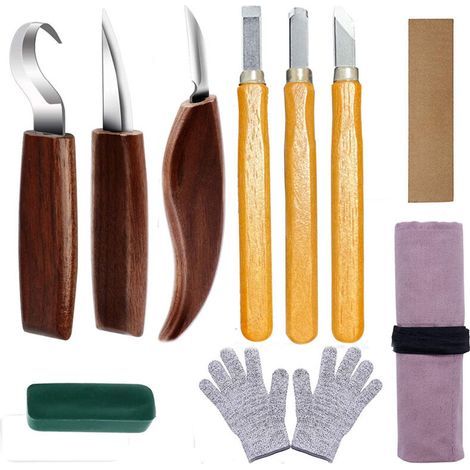 BUNTHAUS 10-teiliges Holzschnitzwerkzeug-Set, Kohlenstoffstahl-Set mit 3 Holzmeißeln, 3 Holzschnitzmessern, Handschuhen, Aufbewahrungstasche, professionelles Holzschnitzwerkzeug