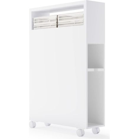 GOPLUS Meuble de Salle de Bain Mobile, 50x19x72cm, Meuble de Rangement Multifonctionnel avec 2 Tiroirs, 2 Paniers en Rotin et 4 roulettes Universelles, Emplacement pour la Brosse de la Toilette, Blanc (1/5)