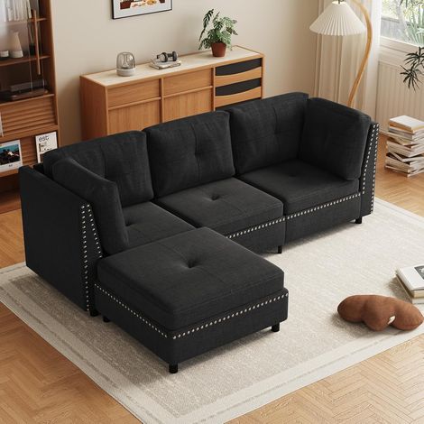 YODOLLA 225cm Corner Sofa 3-4 Seater Modern Sofa Couch, Black Sectional Sofa with Footstool, L-Shaped Corner Chaise for Living Room (1/5)