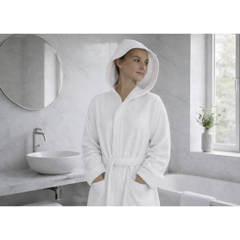 Accappatoio Con Cappuccio In Morbida Spugna Mod. Boutique Tinta Unita Bianco, misuraM-LcoloreBianco